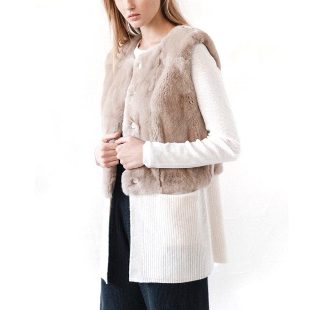 NWOT $658 Sz S SOH Revolve Tan Rex Rabbit Fur Ivory Sweater Detail Vest